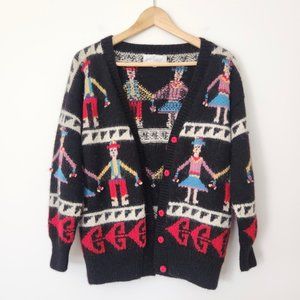 Vintage 70s Lord & Taylor Alpaca‎ Wool Sweater Hand Knit Peru Folk Black Medium